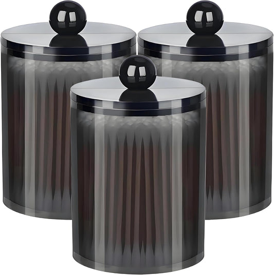 AXX Qtip Dispenser Apothecary Jars Bathroom - Qtip Holder Storage Canister Clear Plastic Jar for Cotton Swab,Q-Tips,Cotton Rounds (Black 3Pcs)