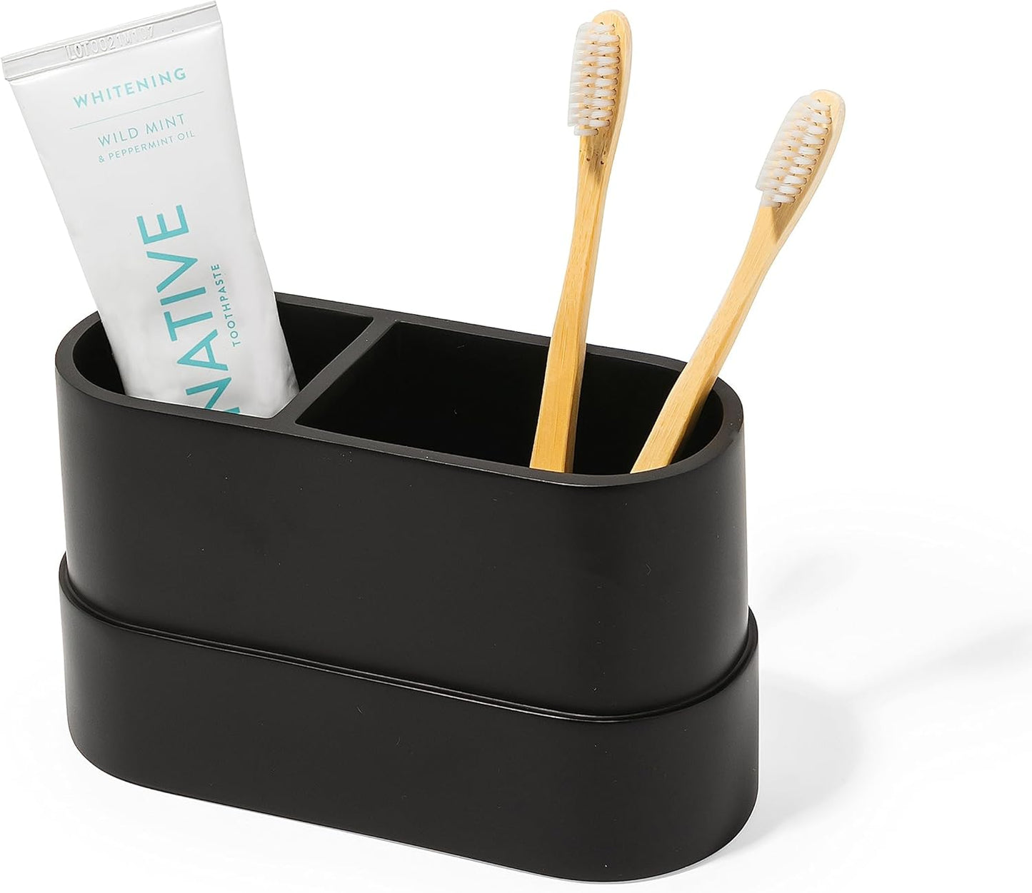 Matte Black Large Toothbrush and Toothpaste Holder and Cup for Bathroom Vanity and Countertop, 2 Compartment Organizer for Electric Toothbrushes, Floss, Razors, Cotton, and Mouthwash - YEW DESIGN