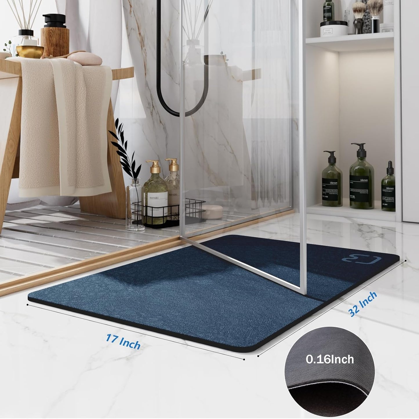 Bath Mat Rugs Quick Dry Super Absorbent Diatomaceous Earth Bath Mat Non Slip Rubber Bottom Thin Bathroom Mat Fit Under Door, Floor Rugs in Front of Bathtub,Shower Room,Sink, 17 x 32, Navy