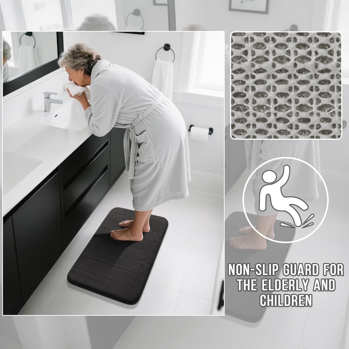 Yimobra Long Bath Mat 44"x24", Super Soft Quick Dry Memory Foam Bathroom Rug, Water Absorbent, Non Slip Backing Machine Washable for Tub Shower, Thick Comfort Support, Black