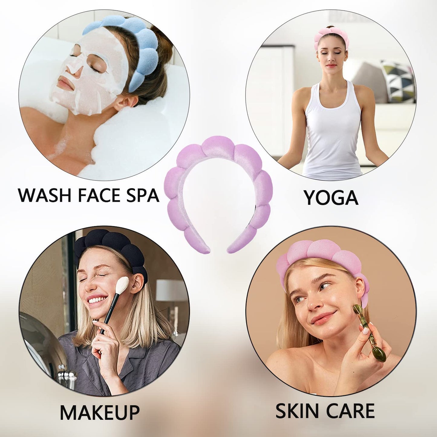 Luckybear Spa Headband for Washing Face, Velvet Makeup, Bubble Skincare With Face Wash Wristbands, Sponge Puffy for Women Skin Care - Purple