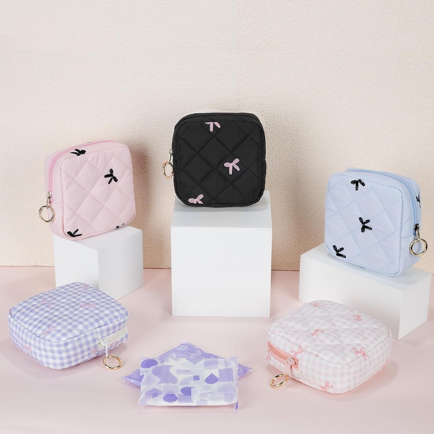 Period Bag for Teen Girls, Quilted Sanitary Napkin Storage Bag, Cute Bow Tie Menstrual Pad Pouch Tampon Holder (Blue)