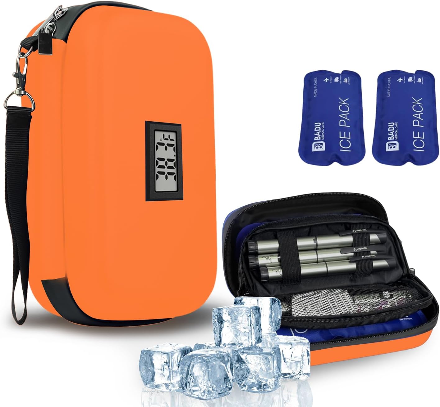 Insulin Cooler Travel Case, 2 × 180g TSA Approved Ice Packs, Refrigerated Medicine Case with Temperature Display (Orange)