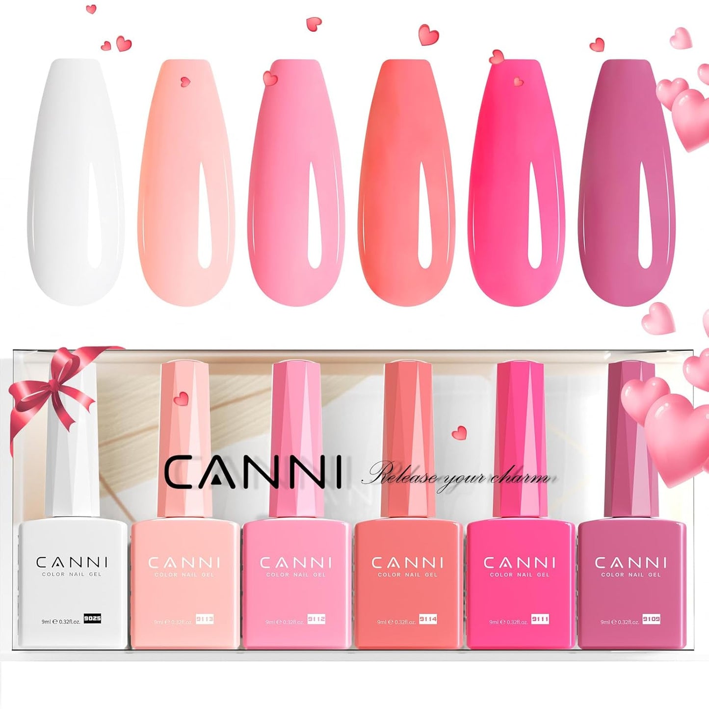 CANNI 6Pcs 9ml Pink Gel Nail Polish Set- Hot Pink Gel Polish Kit DIY at Home Salon Valentines Day Christmas New Year's Gifts for Girls