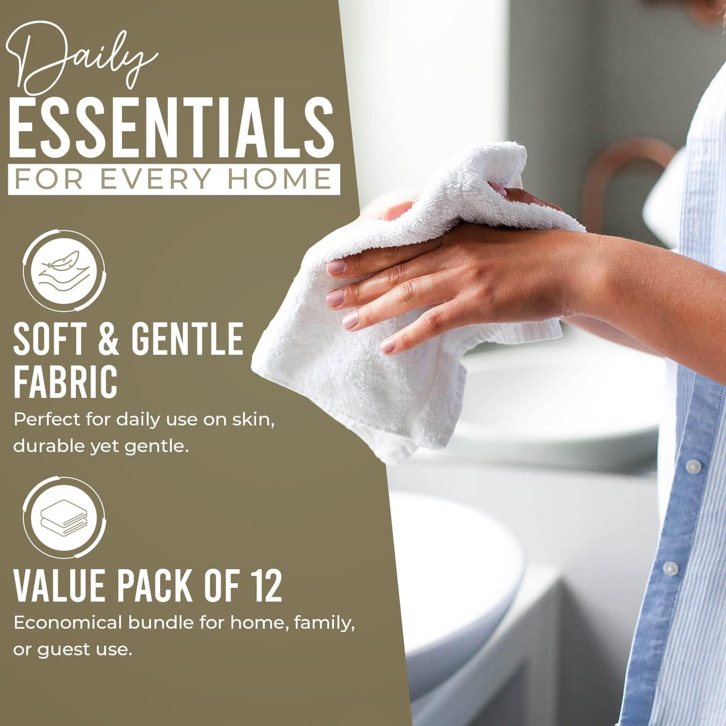 DAN RIVER 100% Cotton Wash Cloths 12 Pack [12x12] Soft & Absorbent Terry Cloth washcloths, Gym, Hotels & Spa Perfect for Everyday Use Fingertip Towels, Beige