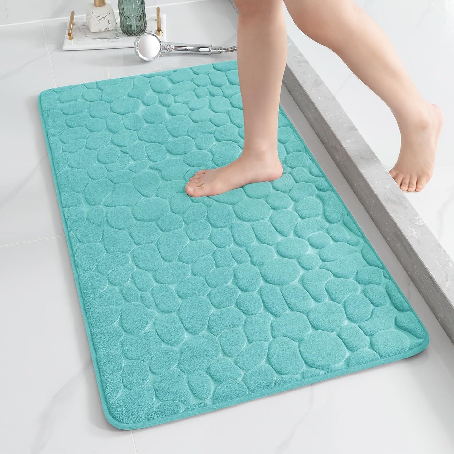 YIHOUSE Memory Foam Runner Rug, Cobblestone Bathroom Runner Rugs Super Water Absorbent Bath Mats for Bathroom Machine Washable Bath Rugs Runner for Hallway Bedroom Laundry Room(24 x 47,Teal)