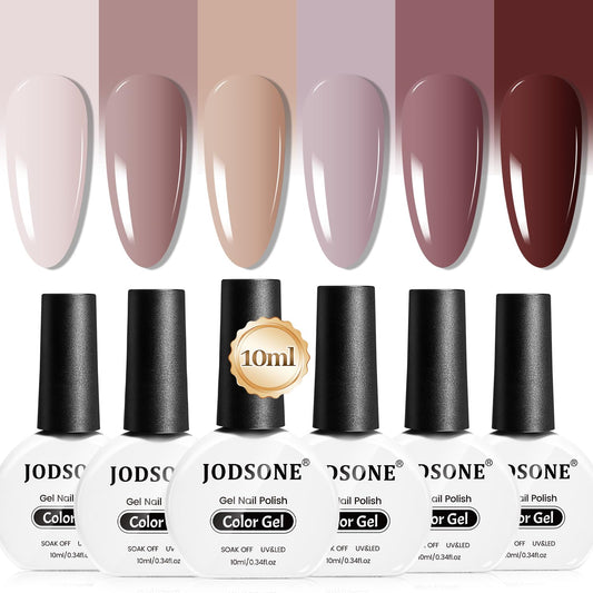 JODSONE 10ml Nude Pink Gel Nail Polish Set 6Colors Long Lasting Neutral Brown Red Purple Nail Polish Lacquer Glossy Art for Nail and Salon Need U V Lamp