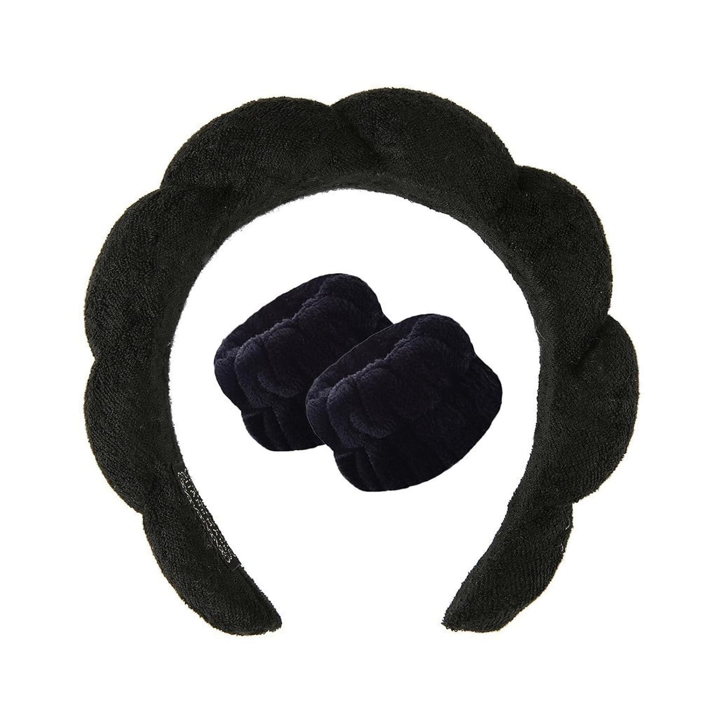 Spa Headband and Wristband Set for Women,Terry Cloth Sponge Headband for Washing Face,Makeup,Facial Mask and Skincare (Black,Blue, One Size)