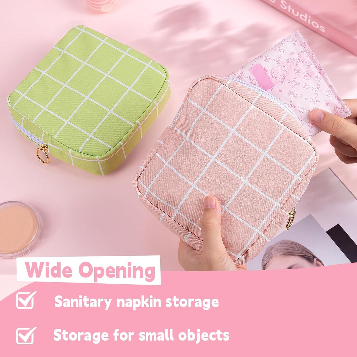 Desing Wish Period Bag Pouch Soft Cloth Sanitary Napkin Storage Bag Portable Menstrual Pad Pouches Tampon Holder for Purse First Period Kit for Girls 9-12 (Pink Plaid)