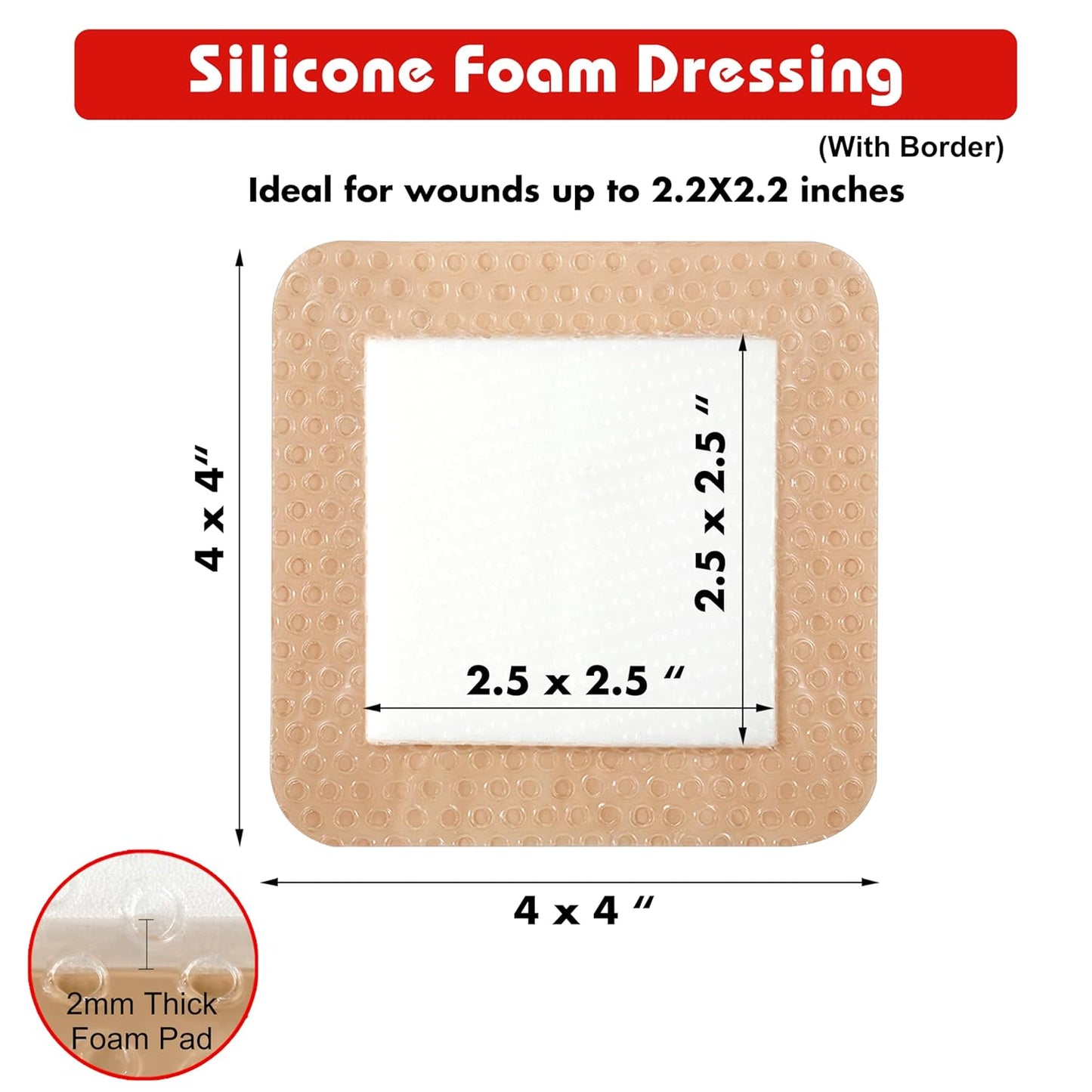 FRESINIDER Silicone Foam Dressing with Adhesive Border – Wound Dressing Bandage – Silicone Foam Pad – Pack of 5 – 4 x 4 Inches Large Waterproof Bandages – Self Adhesive Wound Care and Dressings