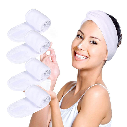 Facial Spa Headbands 4 PCS, Makeup Shower Bath Wrap Sport Headband Terry Cloth Stretch Towel with Magic Tape (White)