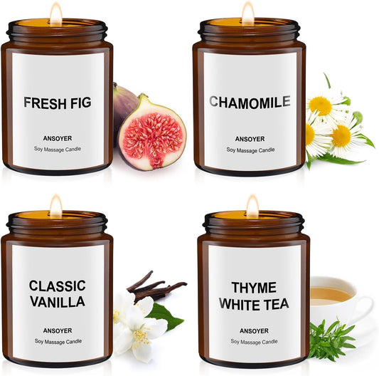 4PCS Massage Candles for Massage Therapy -Soy +Hemp Seed Oil, Body Oil Lotion Candle- Gift Set-18.08OZ (Fresh Figs, Chamomile, Classic Vanilla, Thyme & White Tea)