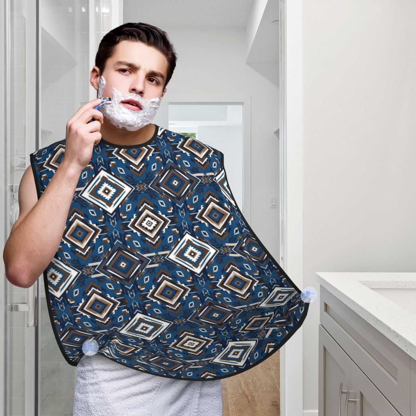 Beard Trimming Catcher Apron, Waterproof Non-Stick Grooming Bib for Shaving, Ideal for Men Dad Father’s Day, Blue Geometric Tribal Navajo Aztec Ethnic Shave Bib