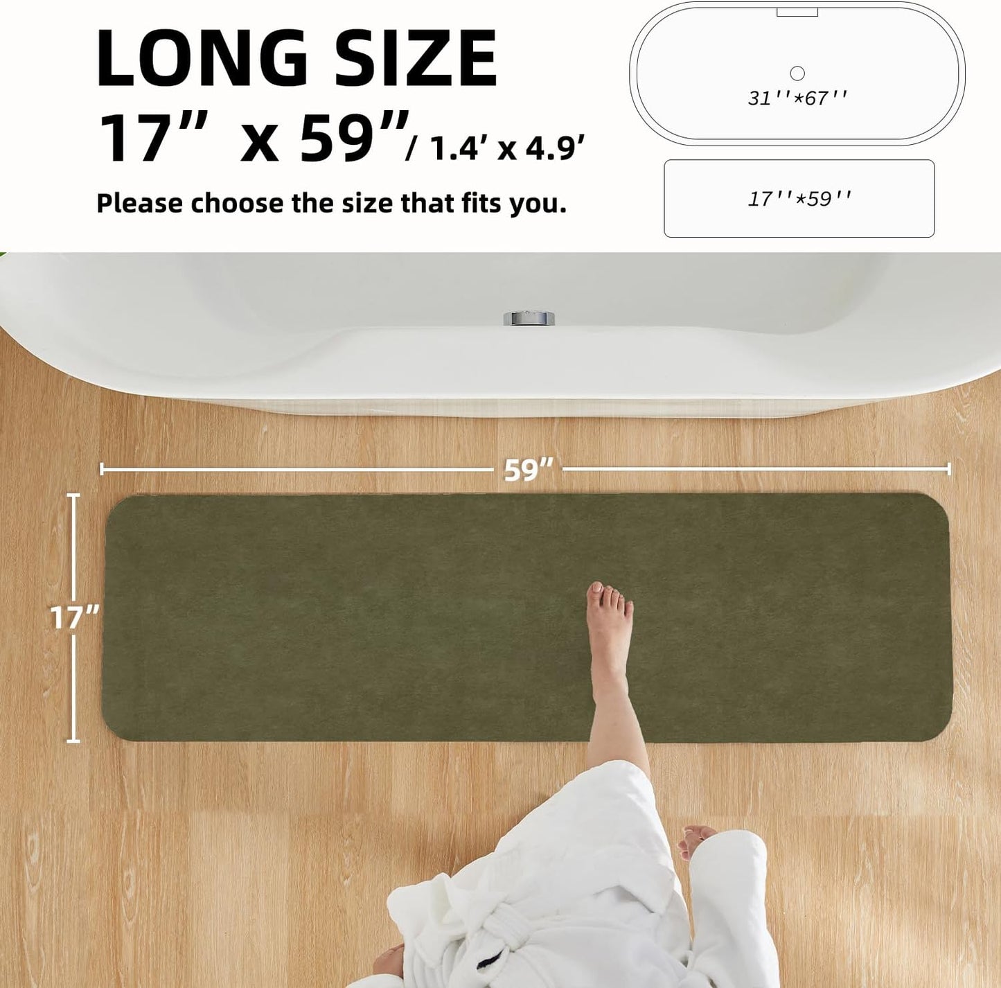 Bathroom Mat Quick Dry, Bathroom Rugs Non Slip Washable Thin Absorbent Bath Mat Fits Under Door Bathroom Floor Mat Perfect for Bath, Shower, or Sink 17"x59" Sage Green