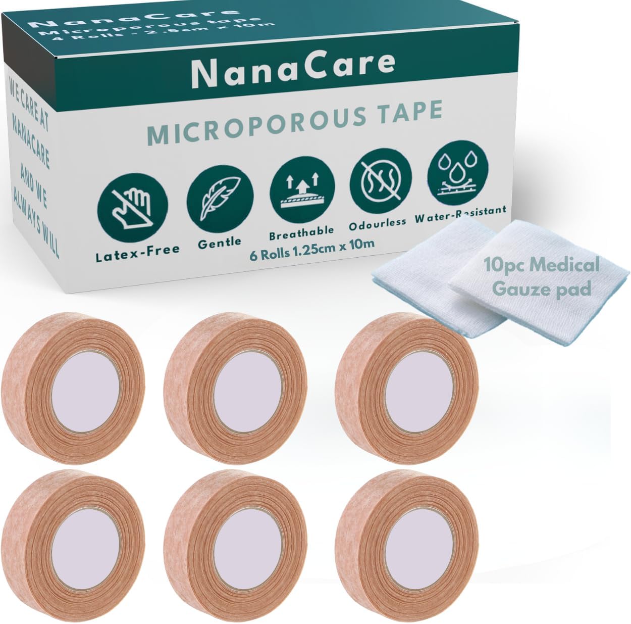 Tan Surgical Tape 0.5" x 11yd (6 Rolls) +10pc Gauze Pads | Microporous Micropore Tape | Skin Coloured Nose Tape|Medical Tape for Skin, Dressings,Face, Wound Care | First Aid Bandage Tape