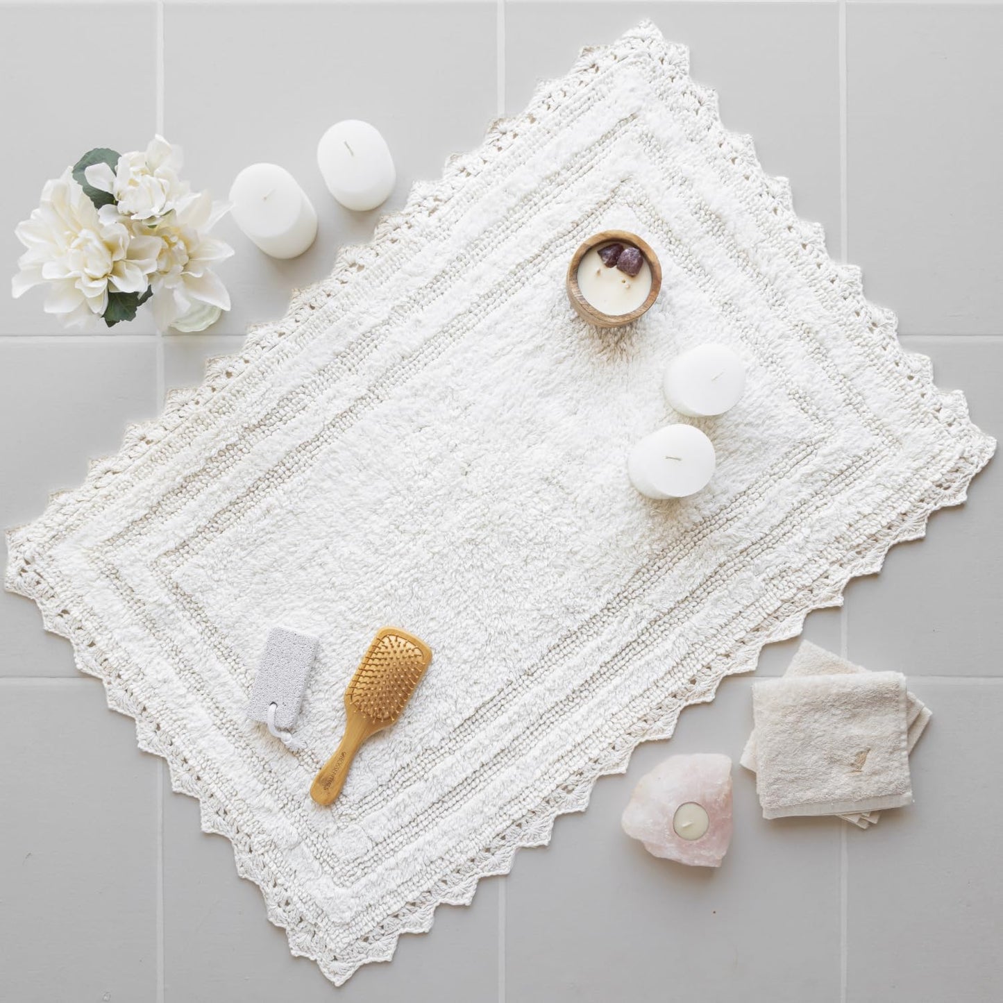 RAJRANG White Cotton Bath Rug 21x34 Inch – Reversible Soft Rectangular Mat with Crochet Border for Bathroom, Kitchen, Entry – Machine Washable & Absorbent