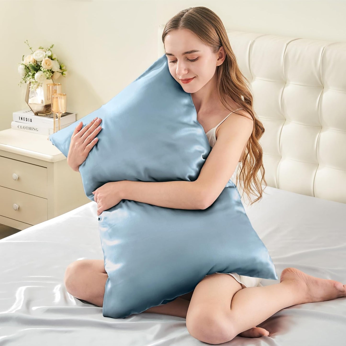 INFIIXSO Mulberry Silk Pillowcase for Hair and Skin, Silk Pillow Cases Queen Size with Hidden Zipper 20"x30", Extraordinary Smooth and Soft Cooling Pillow Cases for Hot Sleepers(Airy Blue, 1 Pack)