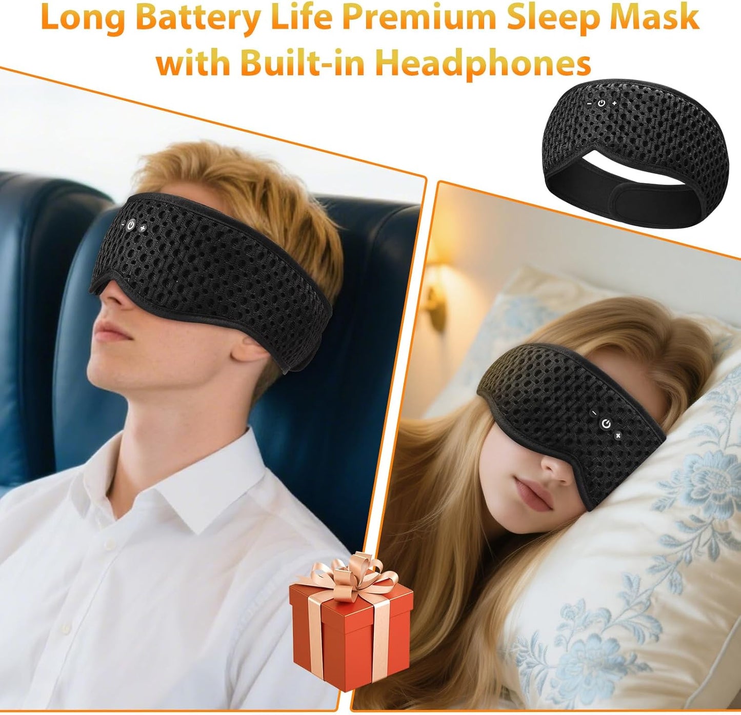 Bluetooth Sleep Mask HF016 Sleep Headphones with Detachable & Washable 3D Contoured Eye Mask, Integrated Adjustable Hook-and-Loop Eye Masks for Sleep, Perfect for Men/Women/Teens Sleep Gifts