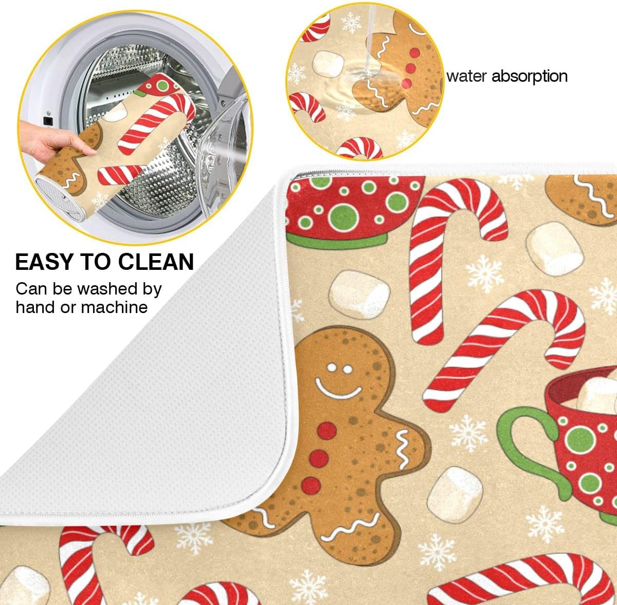 Christmas Gingerbread Man Candy Cane Dish Drying Mat for Kitchen Winter Snow Snowflake Snowman Xmas Microfiber Drying Mats Absorbent Reversible Dish Pad Medium Dish Draining Mat 16x18 inch