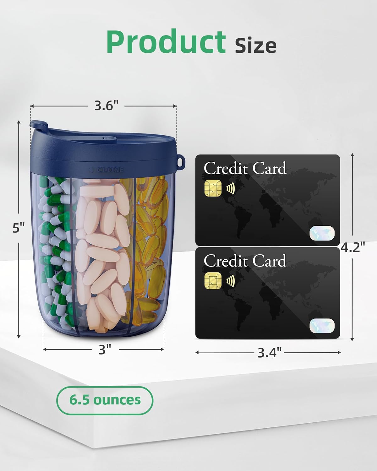 PULIV Large Pill Bottle Organizer, Supplement Organizer for Holding 6 Various Vitamins, Pill Box with Anti-Mixing & Wide Opening Design, Easy to Retrieve Meds and 20 Pcs Stick-on Labels, Business Blue