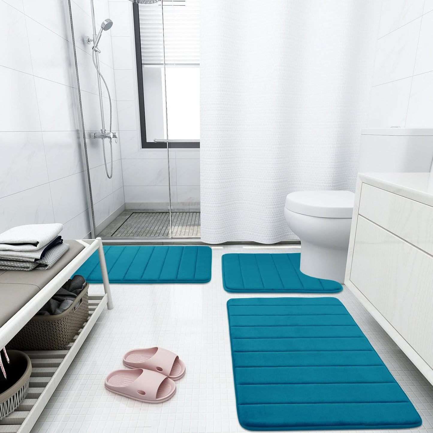 Buganda Memory Foam Bath Mat, 47" x 17", Ultra Soft and Non-Slip Bathroom Rugs, Water Absorbent and Machine Washable Bath Rug Runner for Bathroom, Shower, and Tub, Peacock Blue