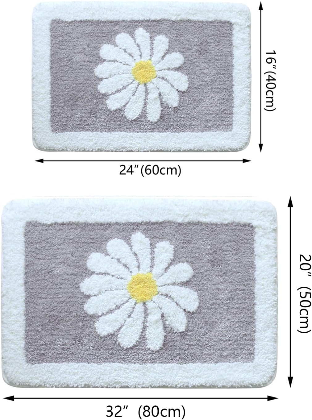 Bathroom Rugs Mat, White Flower Bath Rugs Fluffy Soft Superfine Fiber Non Slip Plush Machine Wash Bath Mat (16"×24", Gray)