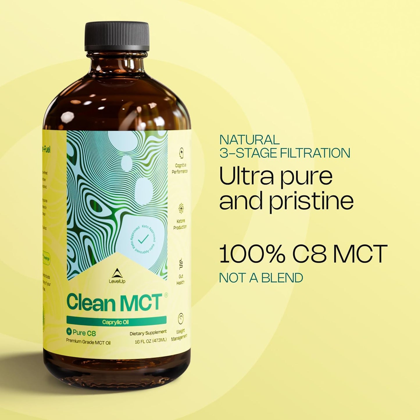LevelUp Clean MCT Oil - 100% Caprylic C8 for Energy, Focus, Weight Management, Gut Health, Brain Superfuel - Keto Supplement for Ketogenic Coffee and Ketones - Non-GMO (16 oz Glass Bottle)