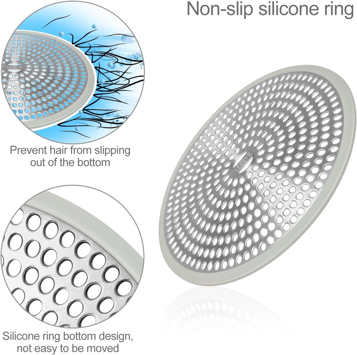 LEKEYE Shower Drain Hair Catcher | Strainer | Shower Stall Drain Cover | Bathroom Drain Protector Stainless Steel and Silicone(Light Gray)