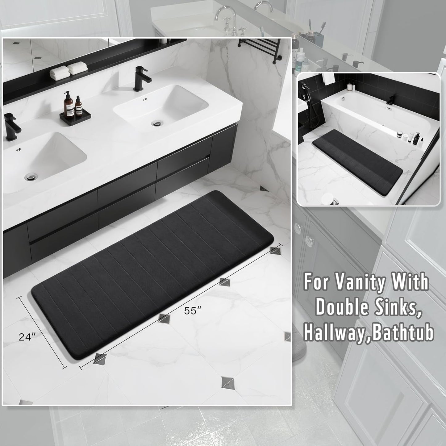 Yimobra Bathroom Runner 55"x24", Non Slip Memory Foam Bath Mat, Super Soft Water Absorbent Hallway Carpet, Machine Washable Rug for Vanity Tub Shower, Black