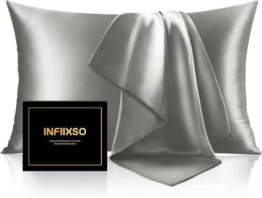 INFIIXSO Mulberry Silk Pillowcase for Hair and Skin, Silk Pillow Cases King Size with Hidden Zipper 20x40 Inches, Smooth and Soft Cooling Pillow Cases for Hot Sleepers(Dark Grey, 1 Pack)