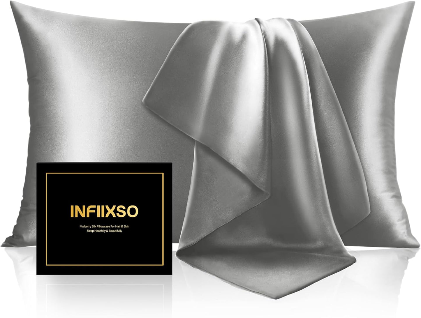 INFIIXSO Mulberry Silk Pillow Cases King Size Set of 2, Silk Pillowcase with Hidden Zipper 20"x36", Extraordinary Smooth and Soft Pillow Case for Hair and Skin(Dark Grey, 2 Pack)