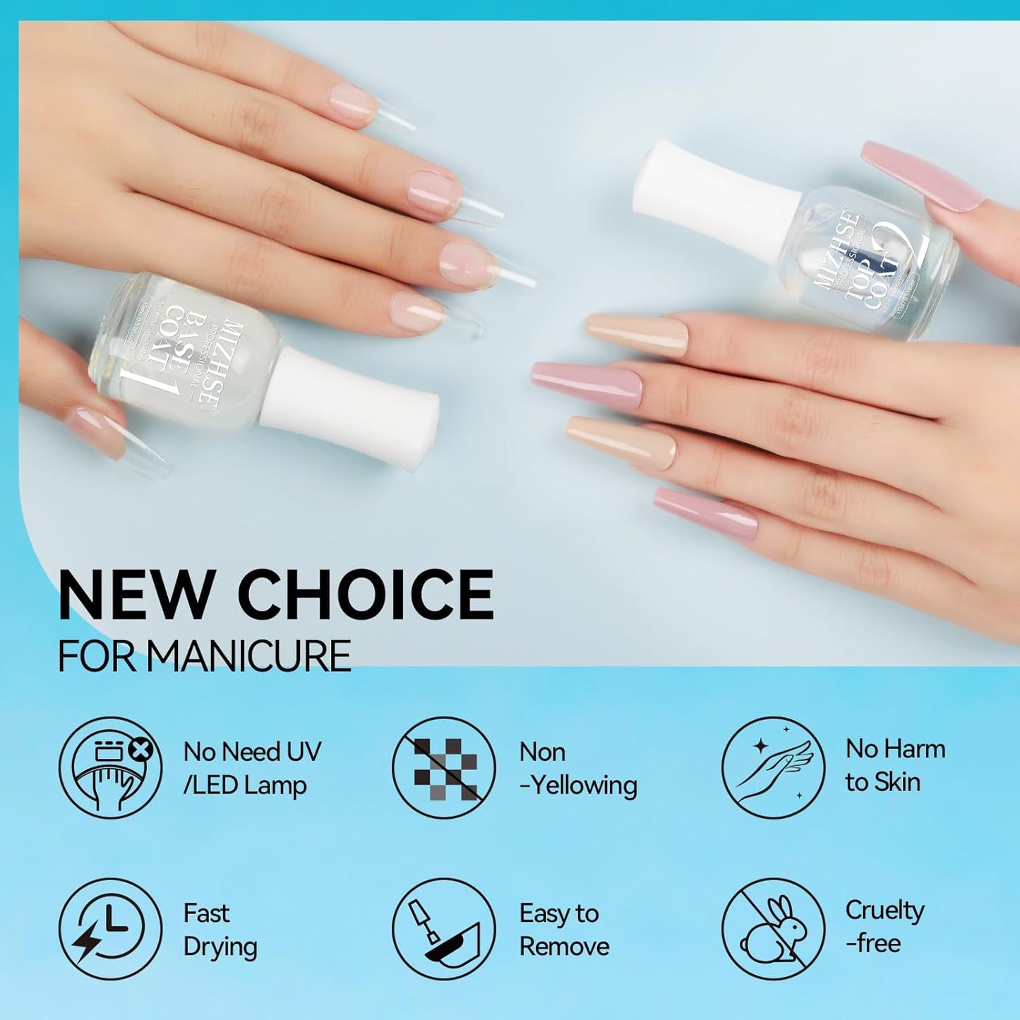 MIZHSE Base and Top Coat Nail Polish Quick Dry, 15 ml 0.5 fl oz Basic Nail Polish Non Gel Air Dry Fast, Protective High-Glossy Shiny Clear Long Lasting Nail Art Manicure at Home