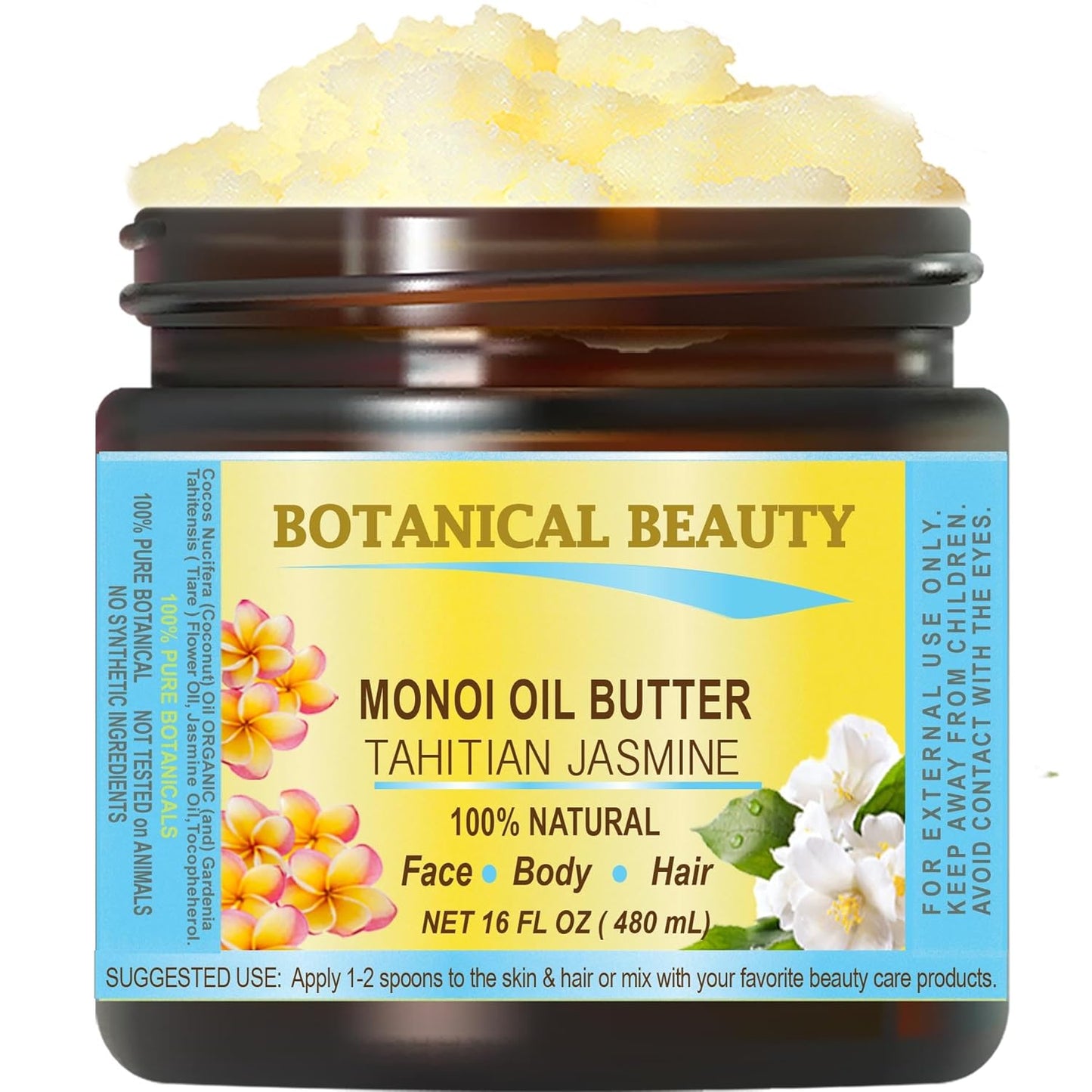Botanical Beauty MONOI OIL BUTTER TAHITIAN JASMINE Pure Natural Virgin Unrefined RAW for FACE, SKIN, BODY, DAMAGED HAIR, NAILS (16 Fl Oz)