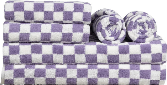 Checkered Bath Towels Set of 6 Large, Microfiber Shower Towels * 2 (55.12"*27.56"), Hand Towels * 4 (29.52"*13.77"),Towels for Bathroom、Pool、Hotel, Spa, Soft Absorbent Quick-Dry（Purple）