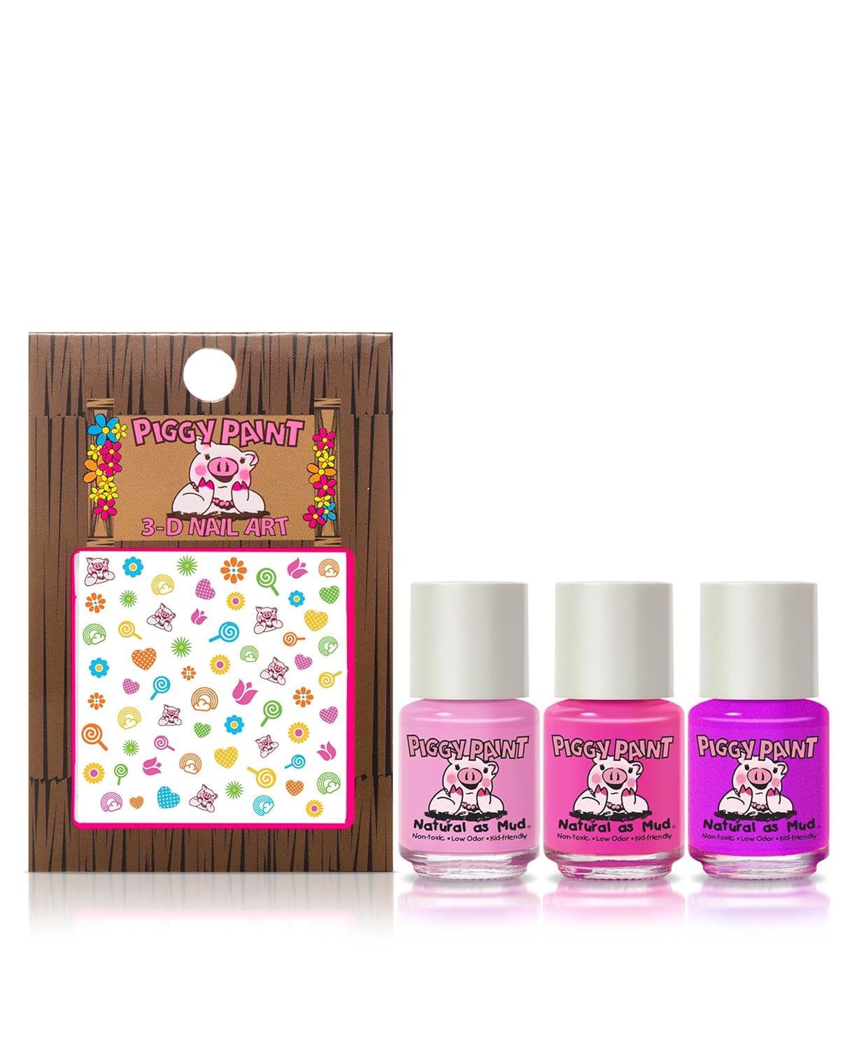 Piggy Paint | 100% Non-Toxic Girls Nail Polish | Safe, Cruelty-free, Vegan, & Low Odor for Kids | Rainbow Party (3 Polish + Nail Art Gift Set)