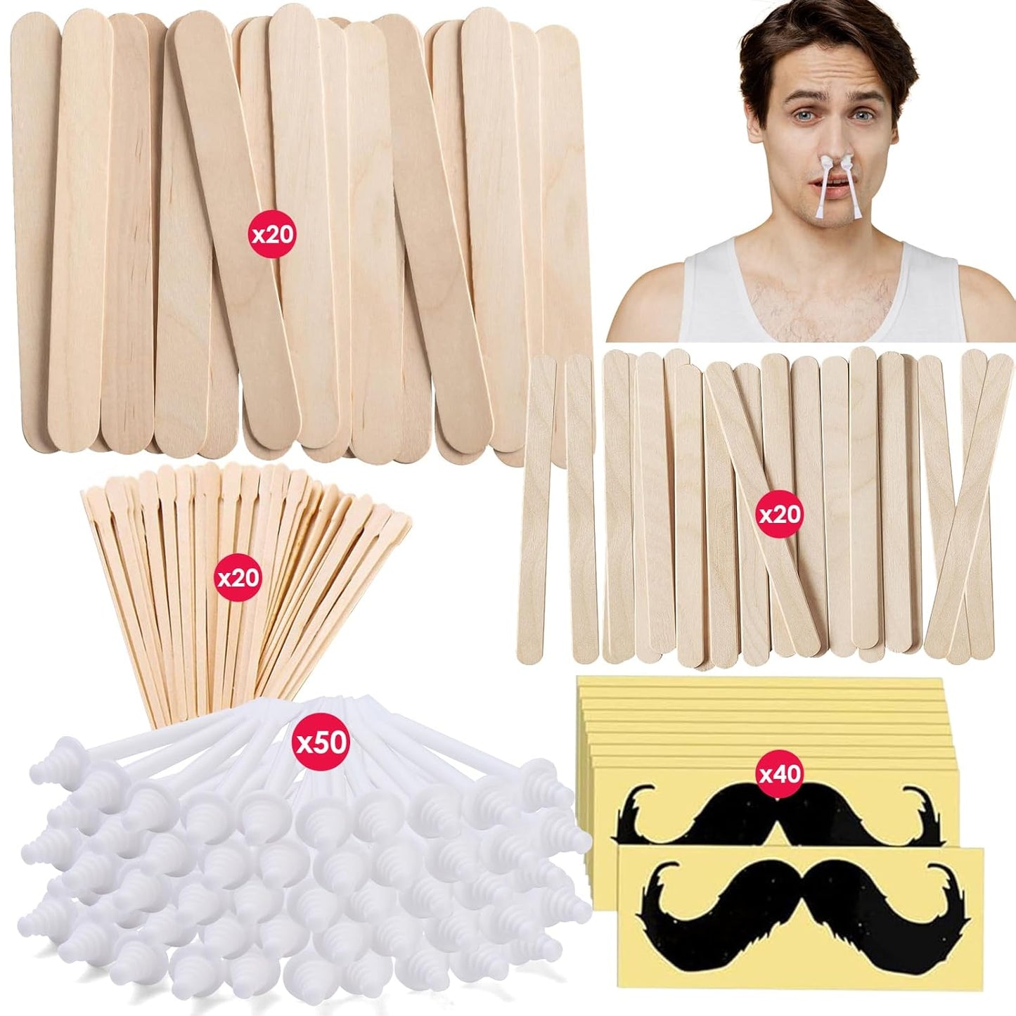 BLITZWAX Nose Wax Sticks for Hard Wax Hair Removal 110pcs Waxing Sticks Kit for Beard, Armpits, Chest, Back and Legs Applicators for Men's At-Home Waxing, Includes 40pcs Mustache Guards