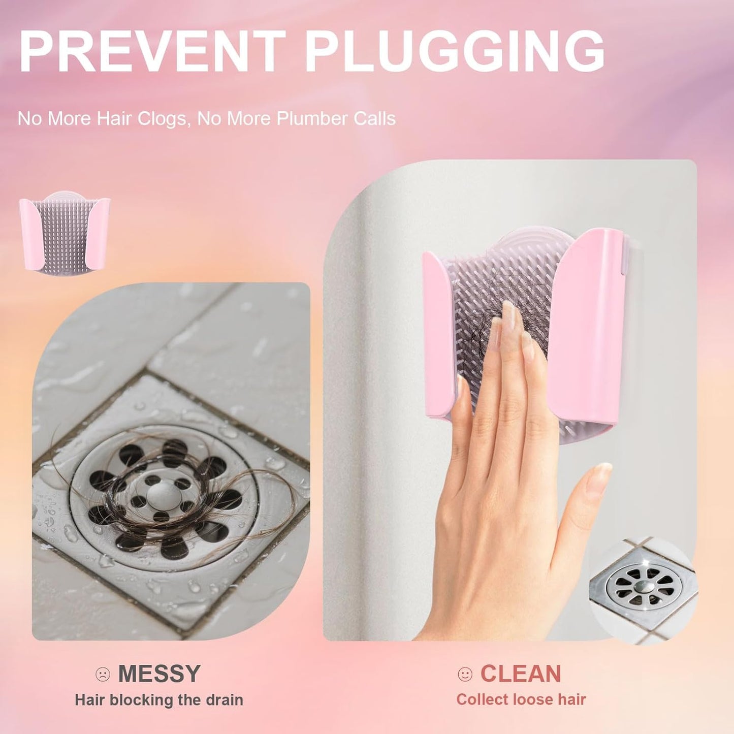 Shower Wall Hair Catcher - Reusable Hair Trap for Drain Protector, Hair Collector with Silicone Bristle, Shower Drain Hair Catcher for Bathroom Bathtub, Easy to Clean & Detachable, Pink
