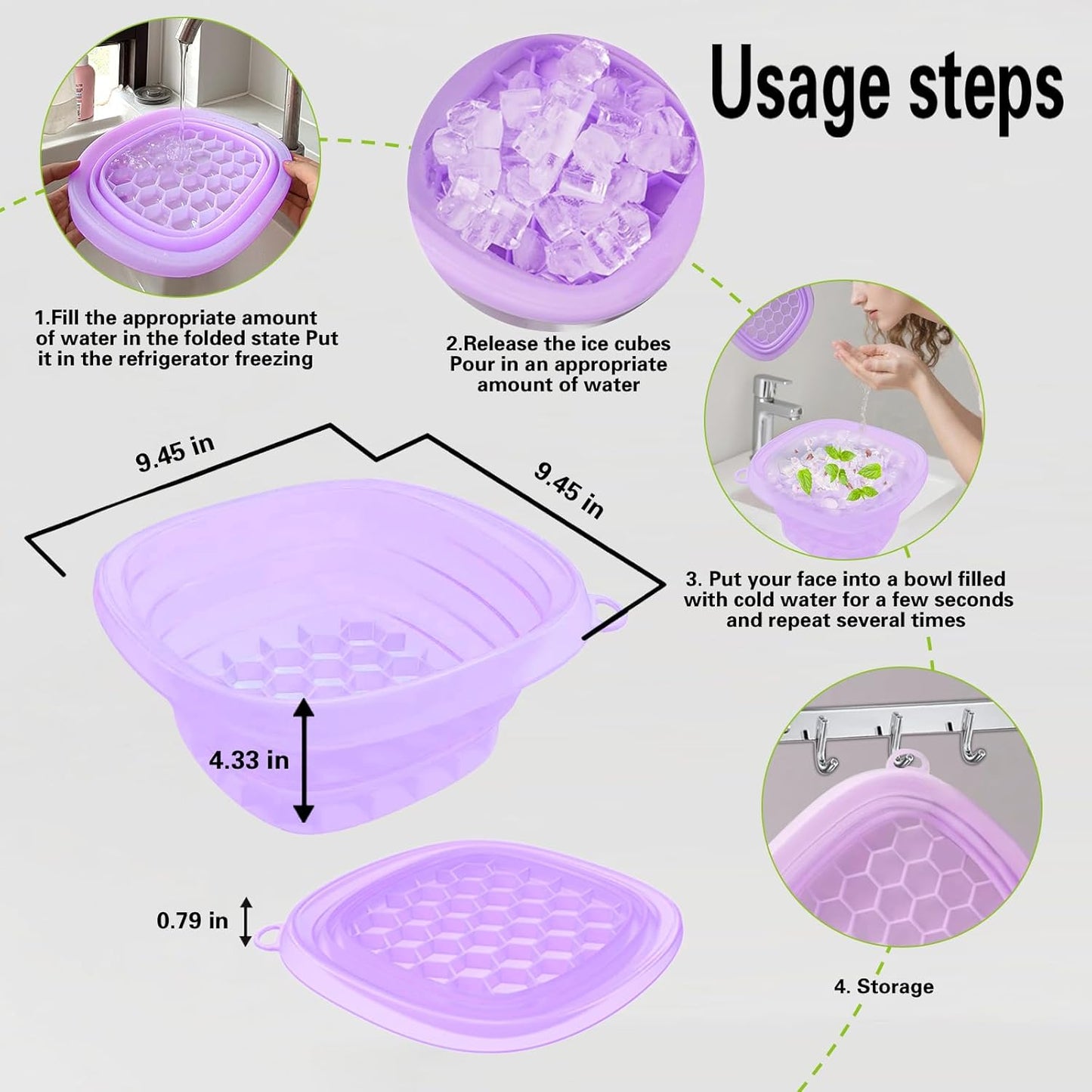 Face Bowl for Ice with Built-in IceTray,Collapsible Silicone Face Ice Bowl – Cold Plunge Therapy for Skin Tightening & Facial Treatment– Portable Spa Tool for Home & Travel（Purple)