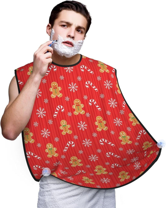 Non-Stick Beard Bib for Shaving, Christmas Red Gingerbread Cookies Candy Canes Shave Bib, Waterproof Hair Catcher with Suction Cups, Grooming Apron Men Husband