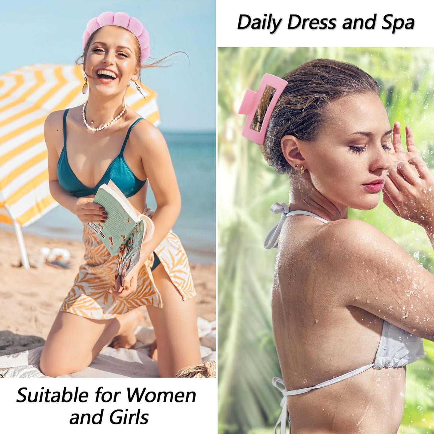 VELSCRUN Spa Headband, Makeup Face Wash Skincare Headbands, 5 Pcs Sponge Get Ready Snail Hairband Facial Wristband Hair Clip Set, Stuff for Teen Girls Women Trendy Hair Accessories Sakura Pink