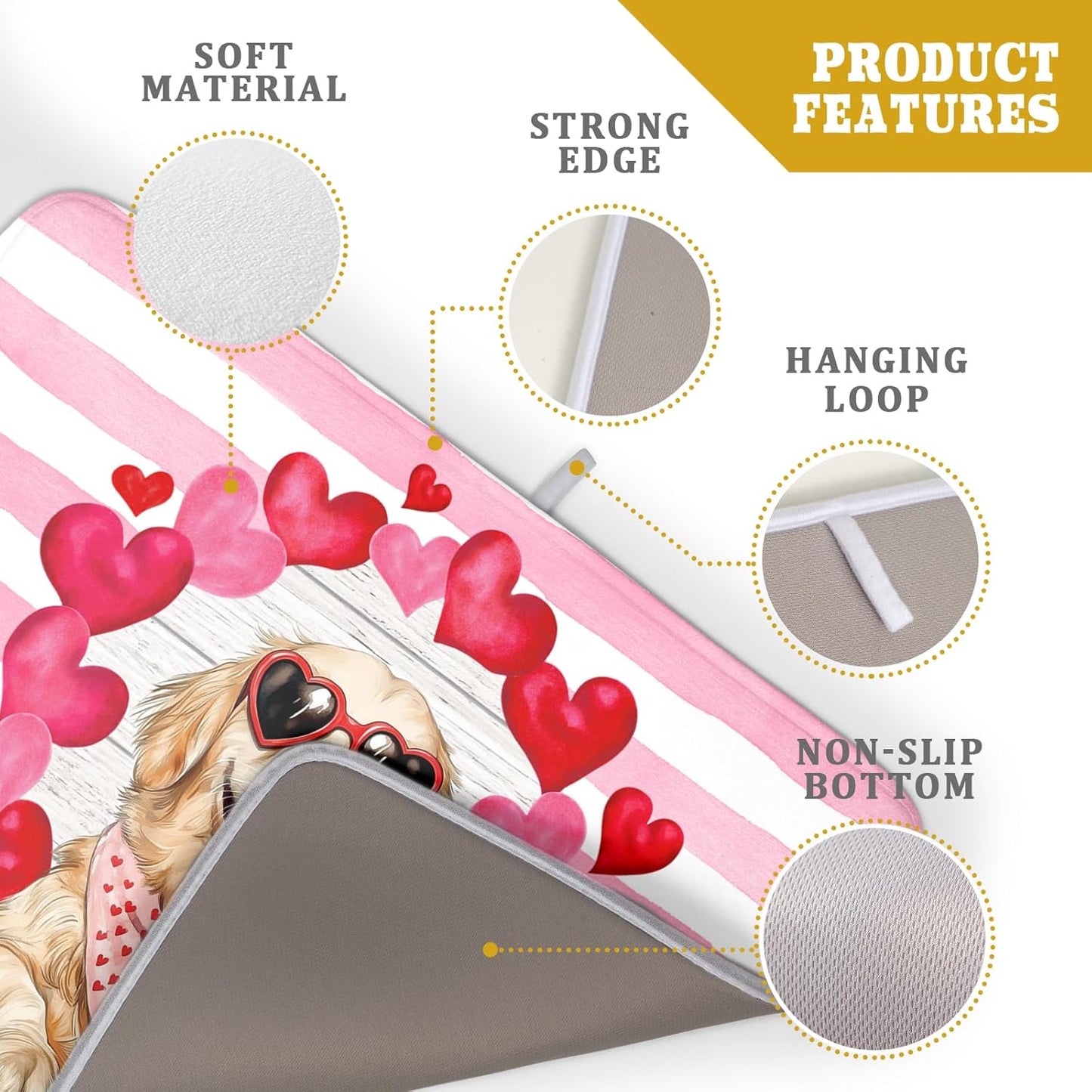 Valentine's Day Dog Dish Drying Mat for Kitchen Counter 18x24 inch Heart Rose Absorbent Dish Drainer Rack Mats for Coffee Bar Countertop