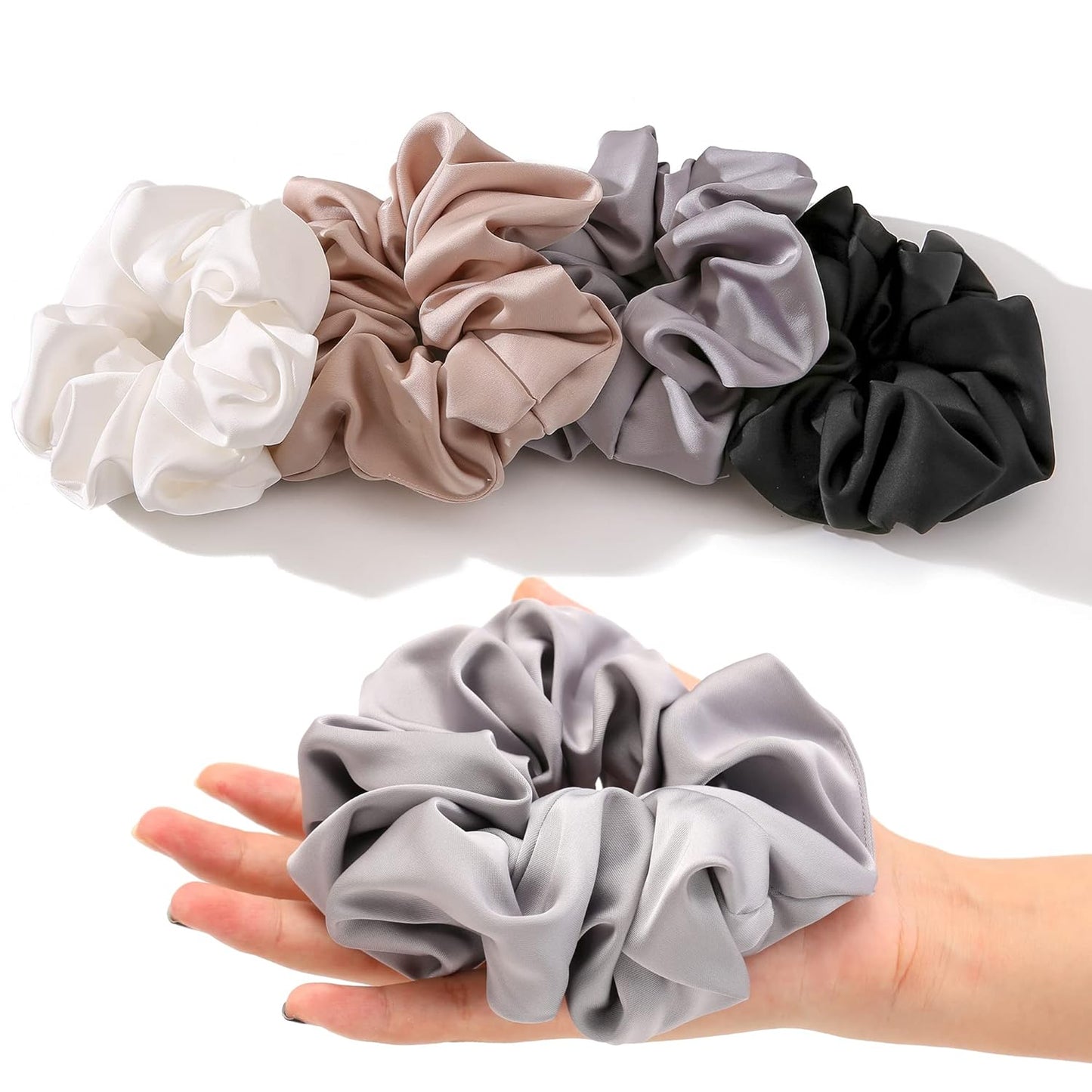 4PCS Large Satin Silk Scrunchies for Women - Big Glossy Scrunchie for Thick Hair Girl Hair Ties Ponytail Holders Jumbo Scrunchies (Black White Silver Champagne)