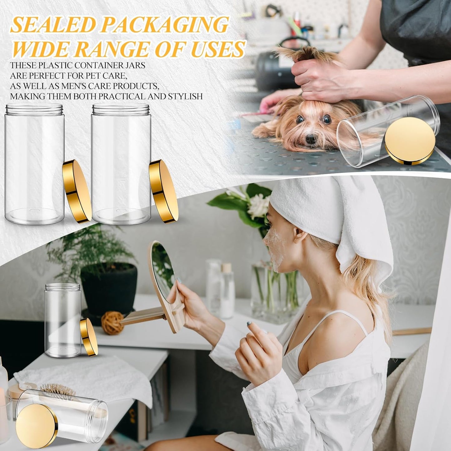 Patelai 4 Pieces Round Wide-mouth Leak Proof Plastic Container Jars with Lids for Travel Storage Makeup Beauty Products Face Creams Oils Salves Ointments DIY Making(32 Ounce,Gold)