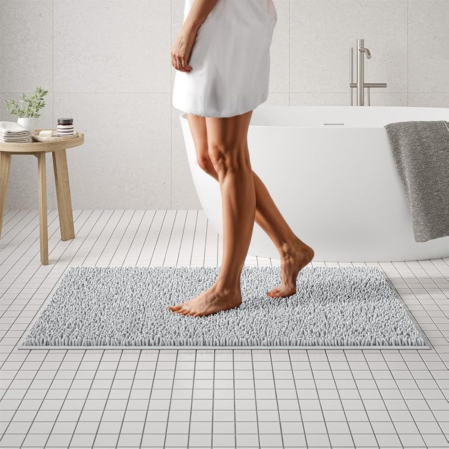 MAYSHINE Plush Shaggy Chenille Bath Mat | Extra Soft, Super Absorbent, Non-Slip Bathroom Rug | Fluffy Microfiber, Area Rug Sets for Bathroom Floor, Kitchen, Living Room | 47"x27" | White