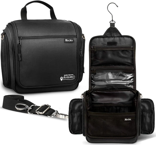 Extra Large (11.8”x11.8”x4”) Hanging Travel Toiletry Bag for Men and Women - Cosmetic Travel Bag With Shoulder Strap - Waterproof Hygiene Bag with Metal Swivel Hook and 19 Compartments for Toiletries