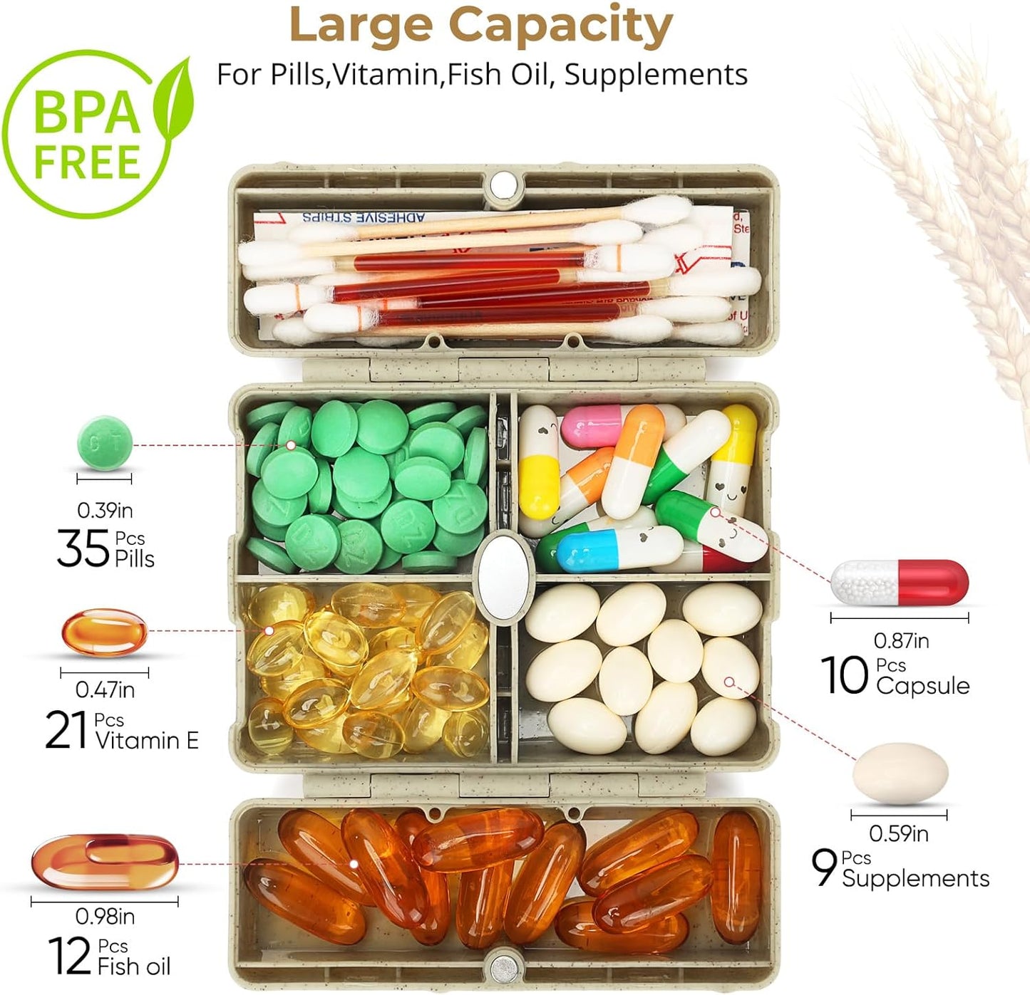 Zentiky Small Daily Pill Organizer with Labels, Medicine Pill Organizer Fit with Your Purse or Pocket for Travel to Hold Vitamin, Fish Oil, Supplement,Cotton Swabs, Bandages or Jewelry-Khaki