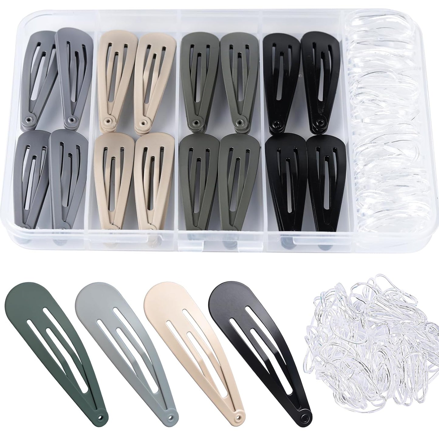 Teenitor Snap Clips, 48pcs Snap Hair Clips Hair Barrettes and 100pcs Clear Hair Bands, Metal Hair clips Barrettes for Women Girls, 2 Inch barrette clips Matte Black Grey Green Taupe