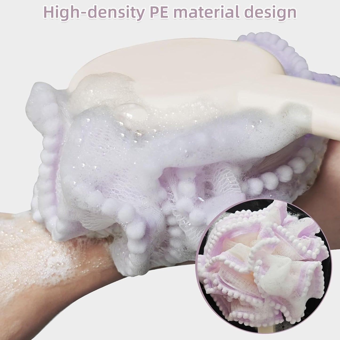 Loofah Sponge with Handle,Back Scrubber Brush for Shower, Lotion Applicator for Back,3 in 1 Shower Kit (Purple loofah)