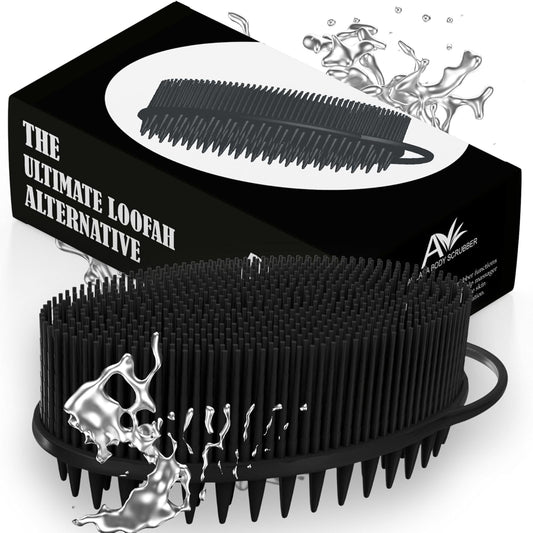 Avilana Silicone Body Scrubber - Food Grade & Lab Tested, Gentle Exfoliating Shower Brush for All Skin Types, Hygienic Quick-Dry Loofah Alternative (Black, Scalp-Silver)