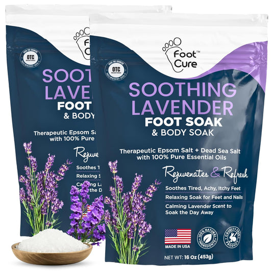 FOOT CURE Soothing Lavender Foot Soak - Pedicure Foot Spa with Epson Salts for Soaking Feet - Foot Massager Spa - Foot Scrubber Dead Skin Remover - Epsom Salt Bath Soak (Pack of 2)